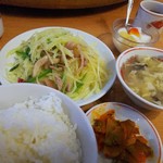 慶賓樓 - B定食/ジャガイモの細切り炒め, ザーサイ, ライス, スープ, 杏仁豆腐