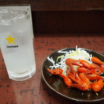 おでん 七福食堂 - レモンチューハイ ＆ 赤ウインナー炒め