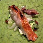 金目鯛の炭火焼き・新キャベツのピューレ添え