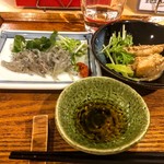 酒と醸し料理　BY - 生しらすとミツバのかんずりタレ、鶏手羽のごま煮