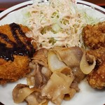 福石パーキングエリア(上り線)スナックコーナー・フードコート - おかずはコロッケ、豚の生姜焼に、唐揚げ２つ