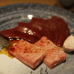 焼肉 強小亭 - 中焼き２種、三角バラ、ハツ