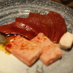 焼肉 強小亭 - 中焼き２種、三角バラ、ハツ