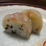 美山荘 - 夕食（摘草料理）：ぐじと香茸の棒鮨