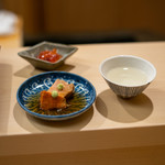 日本橋蛎殻町 すぎた - 2019.11 アンキモ煮付け、筋子味噌漬け、日本酒（新政 陽乃鳥 貴醸酒）