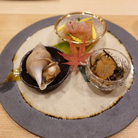 鮨 まるふく - 生しらすの松前、白バイ貝、ほうぼう煮こごり