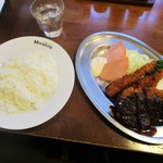 御幸亭 - 料理写真:本日のランチ（海老フライ、ロースハム、味噌カツ）1,300円 ＋ ライス大盛 100円 ＝ 1,400円（税込）。　　　　　2019.11.09