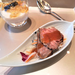 水暉 - 先付　牛肉の味噌漬けに梅ドレッシング