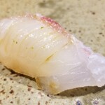 鮨匠 のむら - (16)真鯛(鹿児島県開聞岳沖産、2.6kg、2日寝かせ)
      産卵期は春～初夏、旬は秋～晩冬
      外洋の真鯛は小魚を食べているので滋味よりも脂の旨みが優勢なのですが、くどさが無いのがのむらサンの凄さ