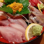 徳田酒店 - ねっとり脂がのった肉厚過ぎるハマチは、たっぷりのわさびや大葉、レモンでサッパリと