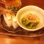 居魚家 ぎんた - 付き出し（押し寿司、菜の花カラシ和え）