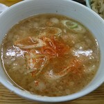 Ramensora - つけ麺の汁
            ラーメン汁を少し濃くして酸味も少々
            唐辛子は私が入れました