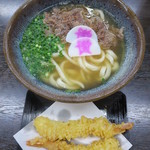 Sukesan Udon Asakawa Ten - 肉うどん590円(税込)+ 上えび天2尾 280円(税込)