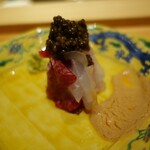 肉屋 田中 - 五島のクエと、神戸牛内腿の昆布〆