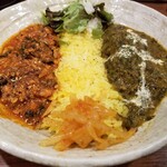 SPICY CURRY 魯珈 - シビ辛トマト木耳キーマと骨付きサグマトンの２種カレー