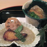 鰈の唐揚・蕗の薹と湯葉のすり流し