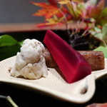 日本料理 幸庵 - 栗金団 大徳寺納豆風味、紫人参柚子酢煮、牛蒡の溜り醤油漬け
