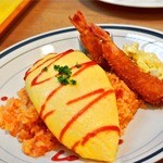 洋食の家 キャベツ - オムレツとエビフライのランチセットです。うまし。