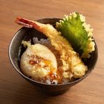 Mini Ten-don (tempura rice bowl) topped with melty warm egg