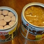 Moritaya Saketen - ノザキのソーセージ　230円　　マルハさばみそ煮　120円