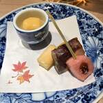 京風鉄板 はせ川 - 道明寺粉の田楽　ぶり、くり、かぶら