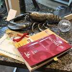 AMOUR - ウェイティングルームのテーブル。ミシュラン、ゴエミヨ(お二人はもっと簡単な名字だったらよかったのに)、
      後藤シェフが小学校で食体験を教えられたときの子供たちからの文集。宝物ですね*\(^o^)/*