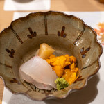 うを徳 - 2019.11 お造り（淡路平目、余市バフンウニ、京都聖護院蕪の煮物）