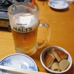 Ichimonsen - 生ビール（２口飲みました）＆ お通し