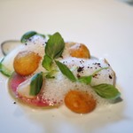 MOTOI - 北寄貝のミキュイ　貝出汁の泡　色々な大根　里芋のポム・ド・フィーヌ　バジル