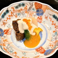 京都 三条 やま平 - 貝柱と大徳寺麩　絹掛け　代白柿餡添え