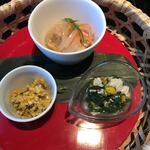 京豆冨不二乃 - 南瓜の白和、青菜と湯葉のお浸し、揚げと野菜の南蛮漬け