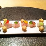 野嵯和 - お造り　ヒラメ　薫製にした醤油のムース　野菜色々　ワサビ