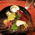 Giom Moriwaki - 八寸　鰆味噌漬け、あん肝、子持ち鮎、卵黄味噌漬け、柿の白和え