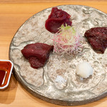 柚木元 - 2019.11 信州遠山郷（標高1,000メートル）鹿ロース刺し3種類（フレッシュ、みそだまりヅケ、脱水シートでドライに）親田辛味大根 大鹿村の山塩