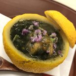 日本料理 久丹 - 柚子釜。真鱈の白子の唐揚げ、生海苔のおろし餡仕立て