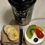 京橋千疋屋 - バナナチョコショートケーキにフルーツプリンとタピオカドリンク