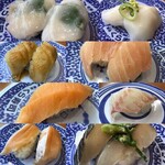 Muten Kurazushi - 生たこ やりいか あなご ビントロ サーモン 真鯛 トロサーモン さごし