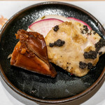 うを徳 - 2019.11 広島ボラ白子トリュフオイルソテー、岡山ヤリイカ餅米詰め、3種類（赤、白、黄色）の蕪