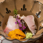 うを徳 - 2019.11 淡路マナガツオお造り、落石バフンウニ、庄内おばこサワラ（魚体2.4kg）藁焼き、源助だいこん（加賀野菜）煮物