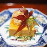 銀座 しのはら - 先付　雲丹豆腐　雲子　ボタン海老　割り醤油と酢橘のジュレ