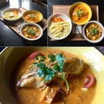 スプーンソング - 【2019年10月3日(木)】真鯛のマラバール(黄色い器)とコランブ(白い器)。ライスはレモンライス。