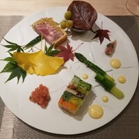 銀座 大石 - 山鳩と山鶉のテリーヌのパテアンクルート 野菜のゼリー寄せ 