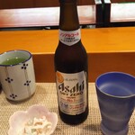 玄海鮨 - ノンアルビールと御通し  グラス凍ってます