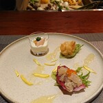 窯焼きステーキTAKIBI - 前菜 タラの白子の天ぷら、しまあじ、ユリ根のムースとウニとキャビア