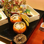 銀座 しのはら - 八寸：大根あわび、海老、柿なます、すっぽんのエンガワ、庄内麩、菊とほうれん草お浸し、あまご南蛮漬け