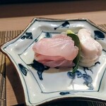 すし処 みや古分店 - お造りは白甘鯛とフグ白子、白子は低温調理