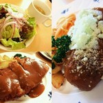 レストラン グリル サクライ - “サラダ、スープ、ヴィクトリアカツ900円、メキシカンチリバーグ950円”