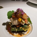 ラ・ヴァガボンド - 勢子ガニ(香箱ガニ)、キャビアロールナスタチウム、ブロッコリーピューレ