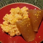 馳走 啐啄一十  - (12)鮟肝(北海道余市産)&奈良漬け
      鮟鱇の産卵期は春～初夏、旬は秋～春で特に晩冬が素晴らしい
      裏漉しの鮟肝は滑らかクリーミーでコクがあり、どうにも止まらない美味しさ♪(嬉)