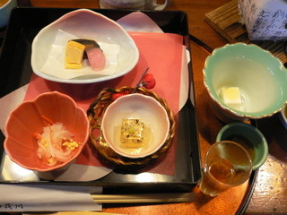 Kamogawa - 林檎蜂蜜酢・白子豆腐・フグ皮流し三杯酢・いちご玉水晶・つみれ本玉子